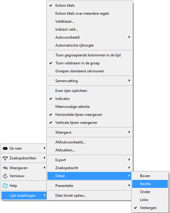 Rechtermuisklik in lijst > Lijst instellingen > Detail > Rechts