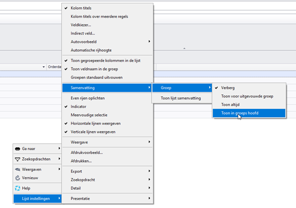Lijst instellingen > Samenvatting > Groep > Toon in groepshoofd