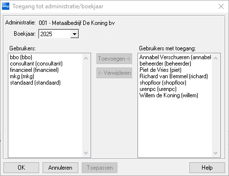 Administratie onderhoud > autorisatie > Toegang tot administratie/boekjaar