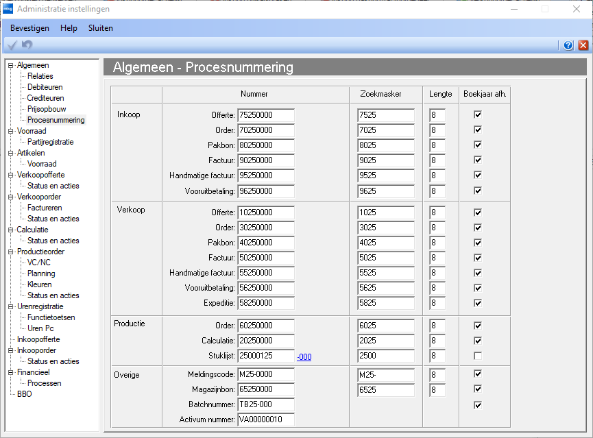 Administratie instellingen > Procesnummering > 2025