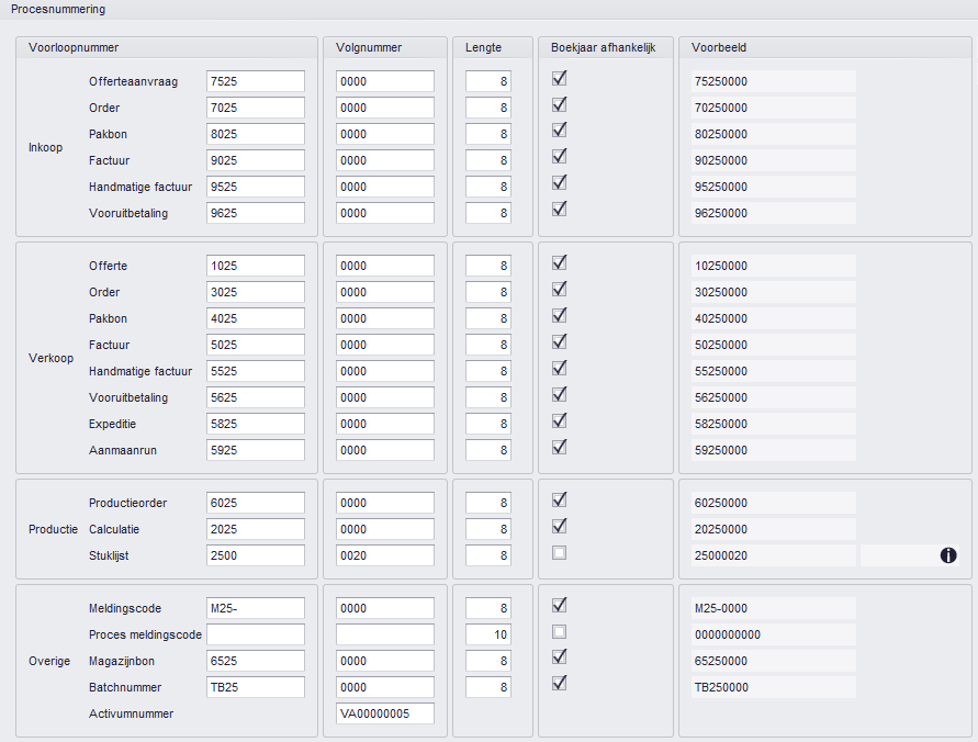 Administratie instellingen > Procesnummering 2025