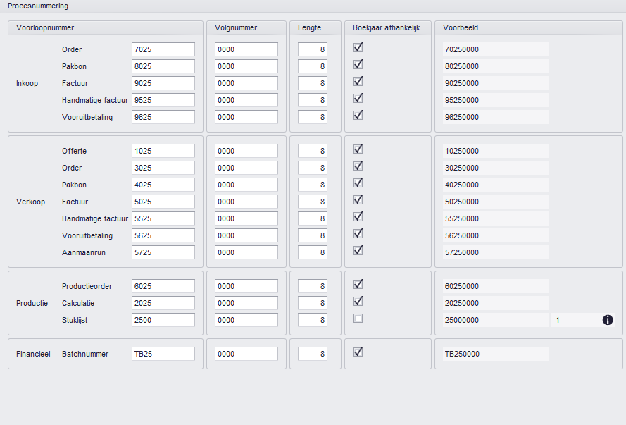 Administratie instellingen > Procesnummering 2025