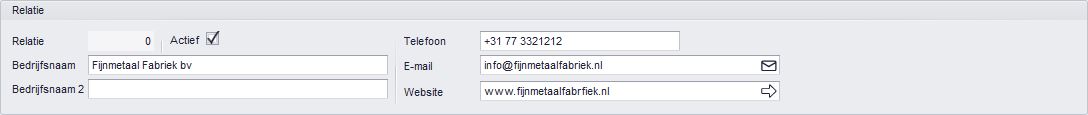 In deze relatieheader zijn de velden Bedrijfsnaam, Telefoon, E-mail en Website ingevuld