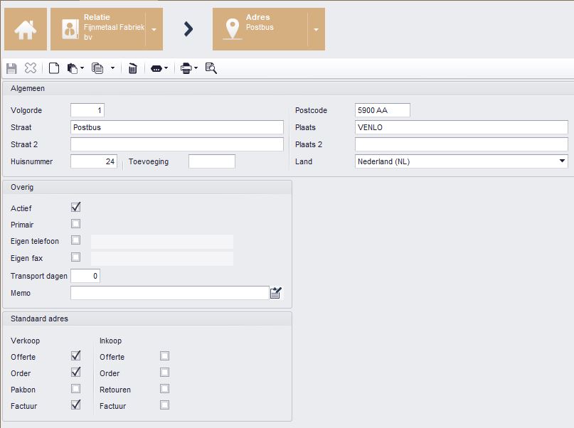 Relatie > Adres > Standaard adres > Fijnmetaal