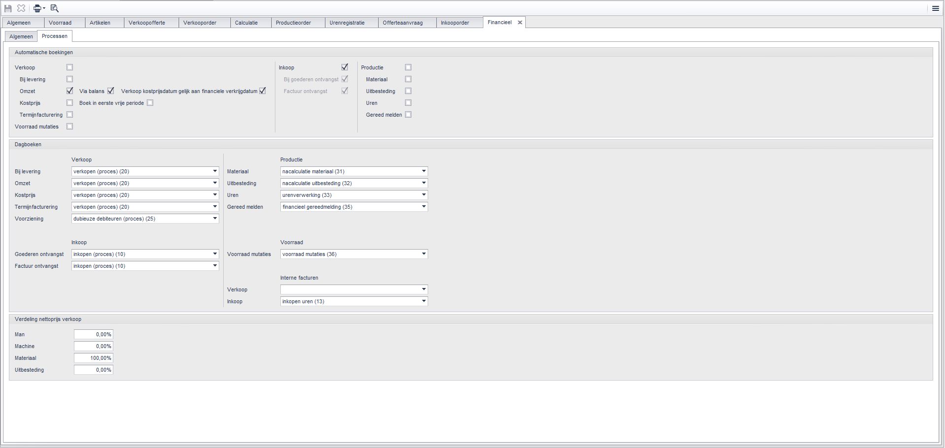 Administratie-instellingen > Financieel > Processen > Automatische boekingen > Inkoop: Bij goedernontvangst